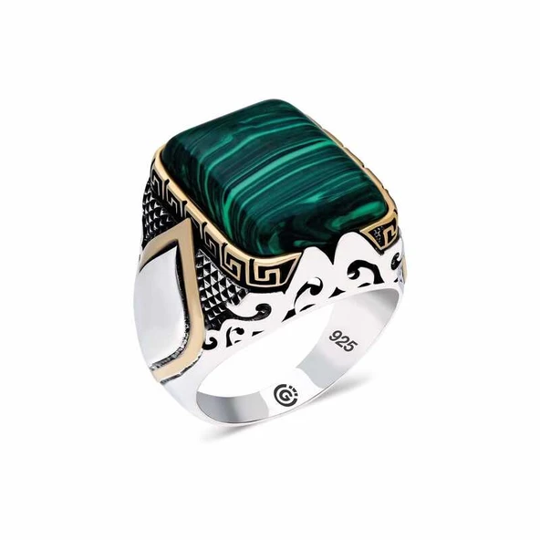 DMR Elegance ​Gümüş Malahit Taşlı Kare Erkek Yüzük ürün görseli 1