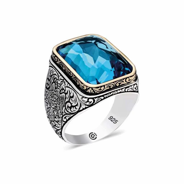 DMR Elegance ​Gümüş Turkuaz Taşlı Kare Erkek Yüzük ürün görseli 1