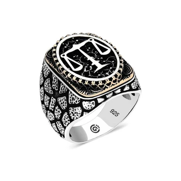 DMR Elegance Gümüş Adalet Terazisi Oval Erkek Yüzük ürün görseli 1