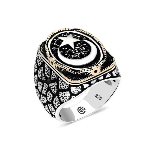 DMR Elegance Gümüş Ay yıldız Oval Erkek Yüzük ürün görseli 1