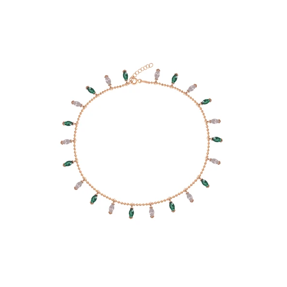 EMILIANO JEWELLERY Beyaz Yeşil Zirkon Taşlı Rose Altın Kaplama Sallantılı Gümüş Halhal ürün görseli 1