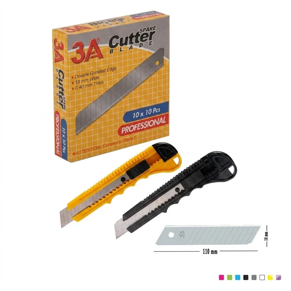 3A Profesyonel Maket Bıçağı ve 18 mm Yedek Bıçak Seti Karışık Renk 2 Adet Maket Bıçağı 10'lu Yedek Bıçak ürün görseli 1