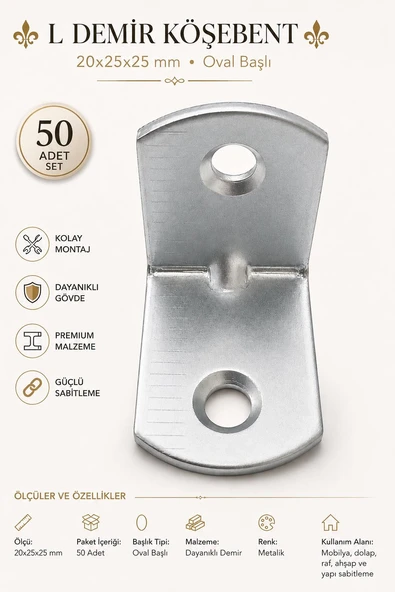 L Demir Köşebent Oval Başlı 20x25x25 mm Dayanıklı Metal Mobilya Raf Bağlantı Aparatı 50 Adet Set ürün görseli 1