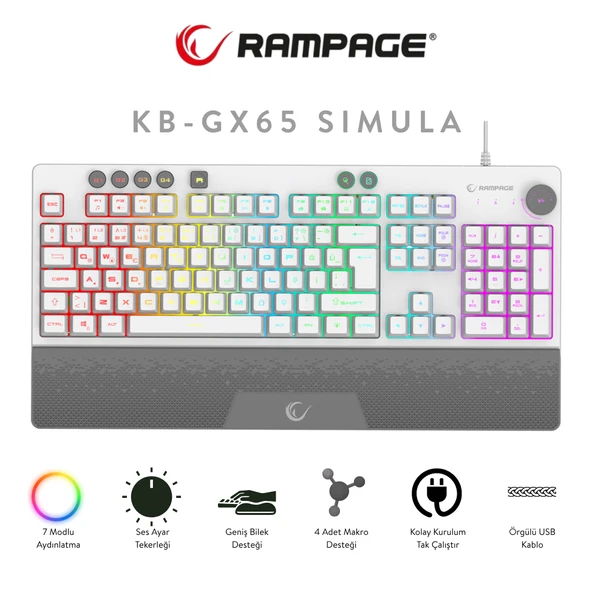 KB-GX65 SIMULA Beyaz USB RGB Aydınlatmalı 4 Makro Tuşlu Bilek Destekli Gaming Oyuncu Klavyesi ürün görseli 1