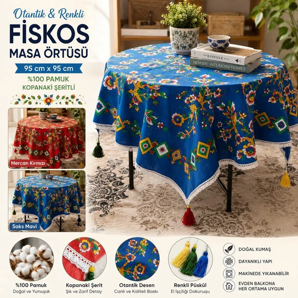 Otantik Pamuk Fiskos Masa Örtüsü Kopanaki Şeritli Püskül Detaylı ürün görseli 1