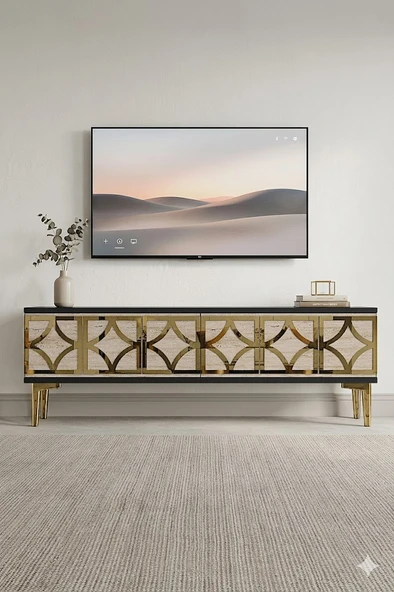 TSA1237ATG LEM Tv Sehpası Antrasit-Traverten-Gold 120cm ürün görseli 1