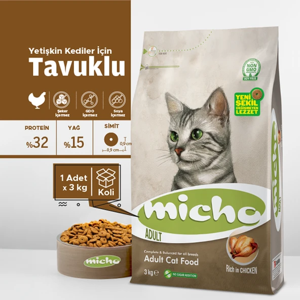 Micho Tavuklu Yetişkin Kedi Maması Orijinal Kapalı Ambalaj 2 Paket x 3 kg Toplam 6 Kg ürün görseli 1