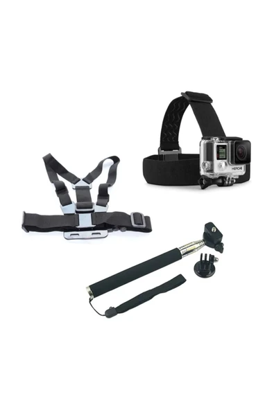Tüm Aksiyon Kameralara Uyumlu Kafa Göğüs Bandı Monopod Seti ürün görseli 1