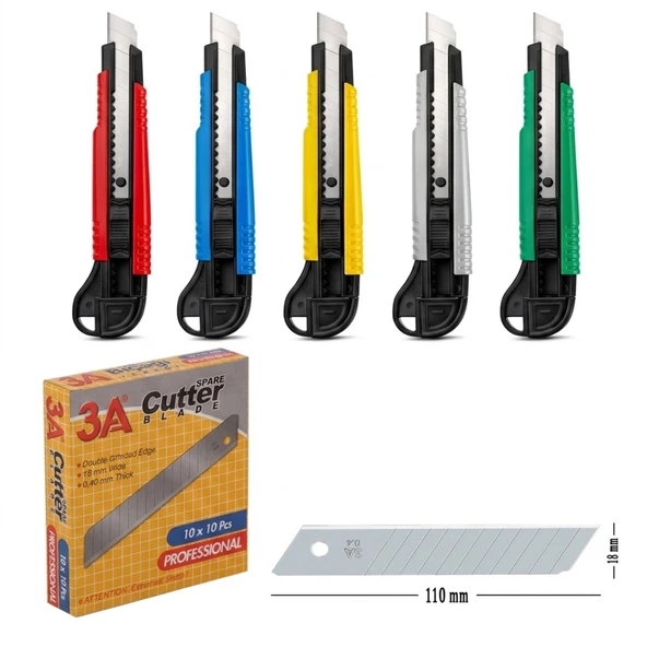 3A 18 mm Profesyonel Maket Bıçağı Seti Karışık Renk 2 Adet Maket Bıçağı 10'lu Yedek Bıçak ürün görseli 1