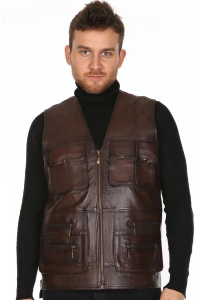Hakiki Deri Kahverengi Harrington Fermuarlı Erkek Deri Yelek ürün görseli 1