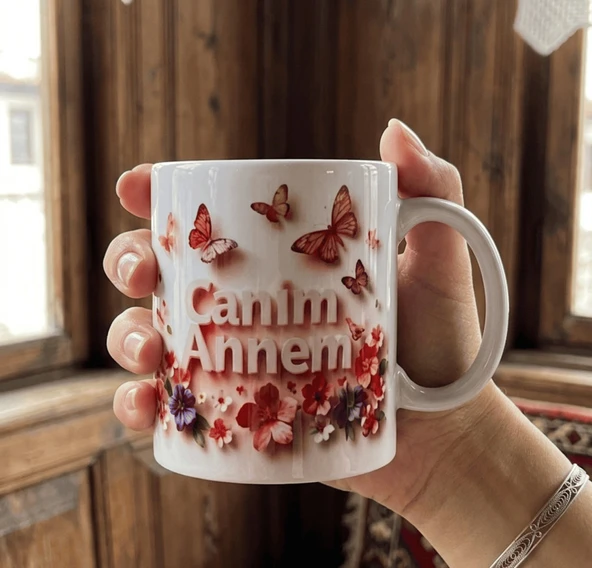 Canım Annem Kelebek ve Çiçek Figür 3 Boyut Görsel Baskı Kupa — Anlamlı ve Duygusal Tasarım ?? ürün görseli 1