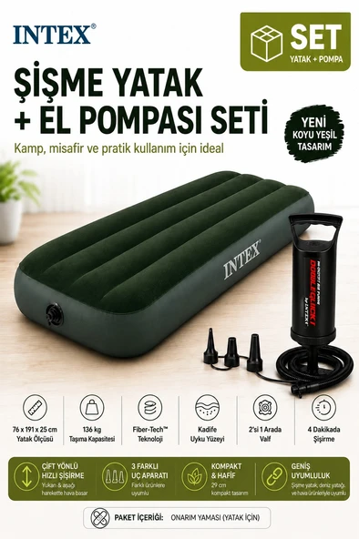 Intex 64106 Yeni Koyu Yeşil Tek Kişilik Şişme Yatak + Double Quick El Pompası Seti ürün görseli 1