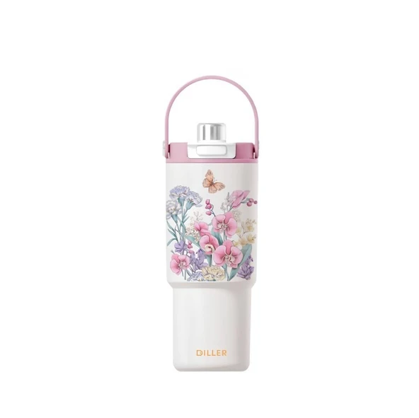 Diller Tumbler 880 ml Tek Kapak Çift Kullanım Pipetli/pipetsiz Taşıma Kulplu Çelik TERMOS-FFD9505-880ML Kırmızı ürün görseli 1