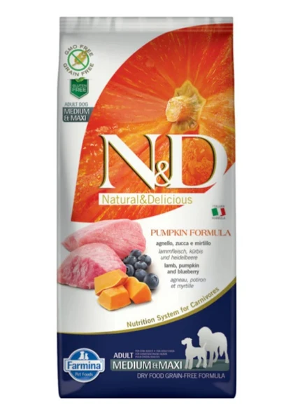 N&D Pumpkin Bal Kabaklı Kuzulu Yaban Mersinli Orta ve Büyük Irk Tahılsız Yetişkin Köpek Maması 12 Kg ürün görseli 1