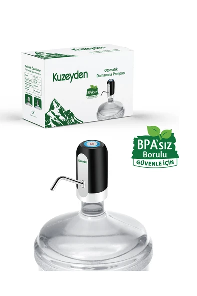BPA'sız Şarjlı Damacana Pompası Siyah | BPA'sız Boru | 10L - 15L - 19L | 1200 mAh | Siyah ürün görseli 1
