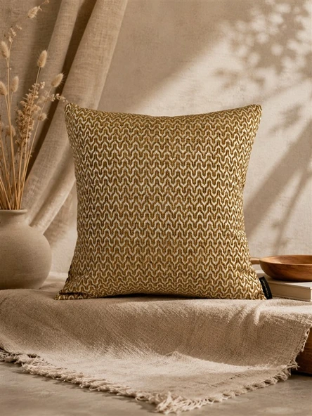 Hardal Bej  Geometrik Desenli Keten Kırlent Kılıfı 43x43 cm – Premium Collection ürün görseli 1