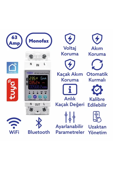 TOMZN Kaçak Akım Koruma Rölesi Ve Yüksek Voltaj Ve Akım Koruyucu Röle 63a Wifi Özellikli Devrim ürün görseli 1