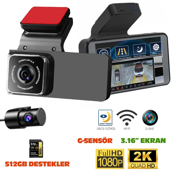Navimex DVR-411 3.16" Araç İçi Kamerası Dvr Wi-Fi Lcd Ekranlı Gece Görüşlü 2 Kameralı 2K+1K G-Sensör ürün görseli 1