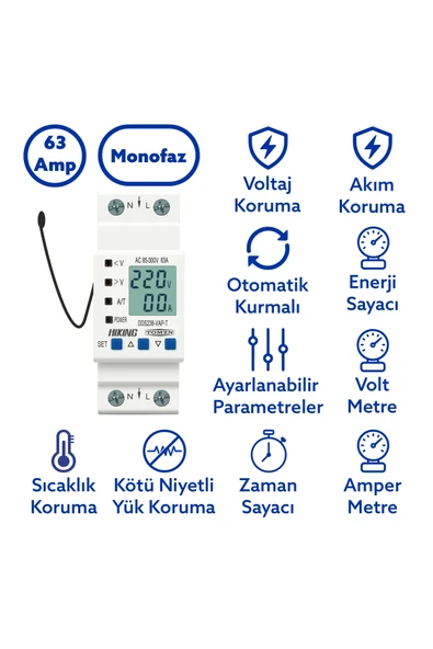 Hiking Sıcaklık Korumalı Voltaj ve Akım Koruma Rölesi 63A Dahili Kontaktör Elektrik Bekçisi ürün görseli 1