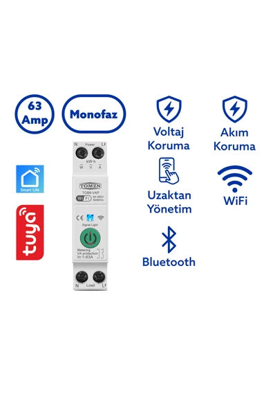 TOMZN Akıllı Voltaj ve Akım Koruma Rölesi, WiFi Özellikli Dahili Enerji Ölçer 63A - Akıllı Sigorta ürün görseli 1