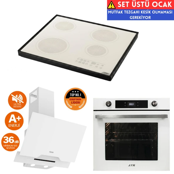 AFM Tech ve Ferre Marka LQ Sessiz Beyaz Vitro Elektrikli Ankastre Set (D064-SA+FC-07 Setüstü+FM7701 ürün görseli 1