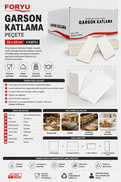 Foryu Garson Katlama Peçete 33x33-12x100 2 Katlı ürün görseli 1