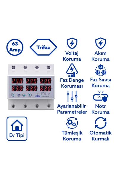 TOMZN Trifaze Gerilim Ve Akım Koruma Rölesi Yüksek Alçak Voltaj Akım Koruyucu Röle 63a ürün görseli 1