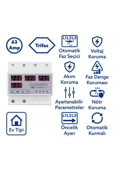 TOMZN Otomatik Faz Seçici ve Yüksek Alçak Voltaj Akım Koruma Rölesi 63A Dahili Kontaktör ürün görseli 1