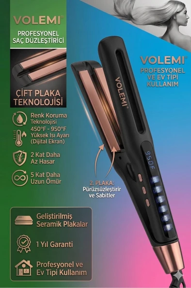 Volemı ® V-0102 Siyah Profesyonel Saç Maşası Color Care, 5x Renk Koruma, Keratin Yağlı Seramik Kaplama Dij ürün görseli 1