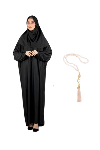 Zarif Namaz Elbisesi ve Türban Tesbih Set Tesettür Şal Müslüman Kıyafetleri Abaya  Black Tek Ebat ürün görseli 1