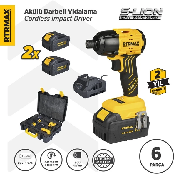 RTRMAX RTS5020 Şarjlı Torklu Vidalama Makinası Kömürsüz 200 Nm 2x4 Ah 20V Çift Akü S-Lion - Akü Dahil ürün görseli 1