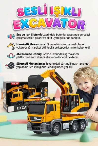 Işıklı Sesli 1 Düğme Fonksiyonlu Sürtmeli 1:16 Ölçek 360 Derece Dönebilen Kepçeli Oyuncak Ekskavatör ürün görseli 1