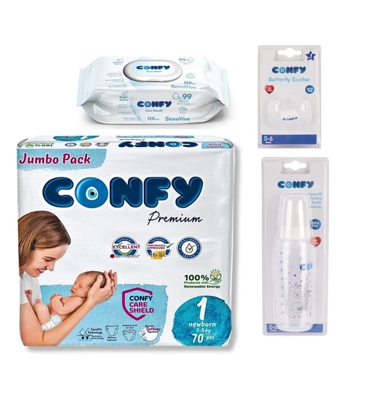 Confy Premium Yenidoğan Seti (1 Numara Bebek Bezi, Islak Mendil,Emzik, Biberon) ürün görseli 1