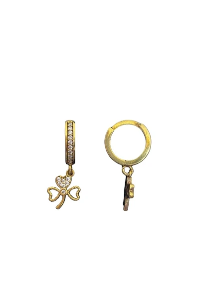 Minimal Taşlı Sallantılı Üç Yapraklı Yonca 24K Altın Kaplama Gümüş Halka Küpe 1.2x1.2 cm ürün görseli 1