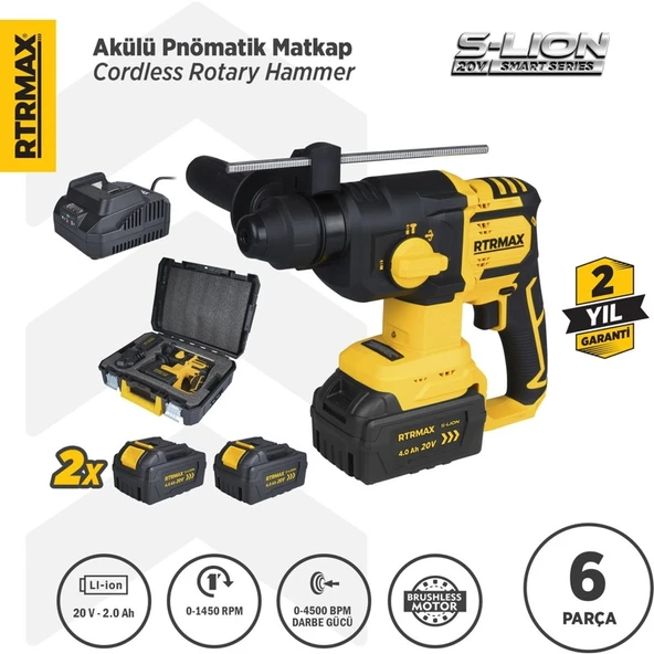 RTRMAX RTS5040 Şarjlı Sds Plus Kırıcı ve Delici Kömürsüz 1.8Jul 26mm 2x4 Ah 20V Çift Akü S-Lion - Akü Dahil ürün görseli 1