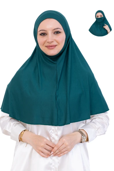 Hazır Başörtüsü Pratik İslami Giyim Penye Peçeli Türban Namaz İçin Yumuşak Eşarp  Zümrüt ürün görseli 1