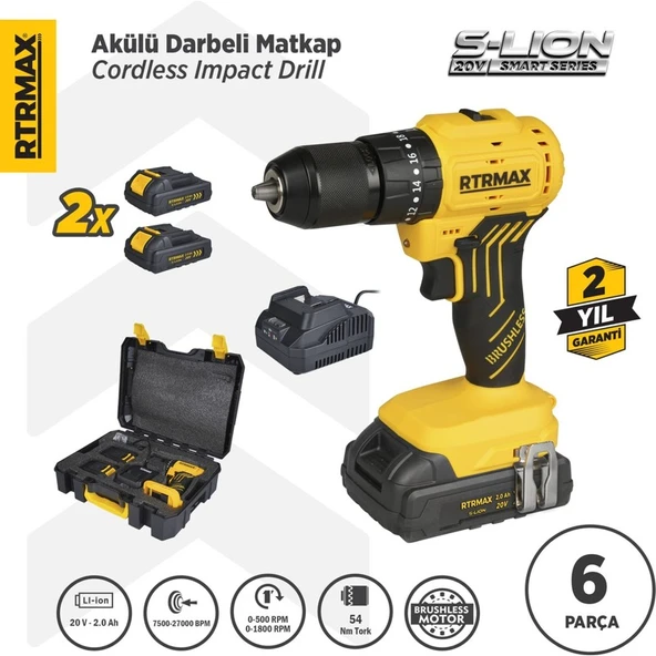 RTRMAX RTS5012 Şarjlı Darbeli Matkap Kömürsüz 54 Nm 2x2 Ah 20V Çift Akü S-Lion - Akü Dahil ürün görseli 1