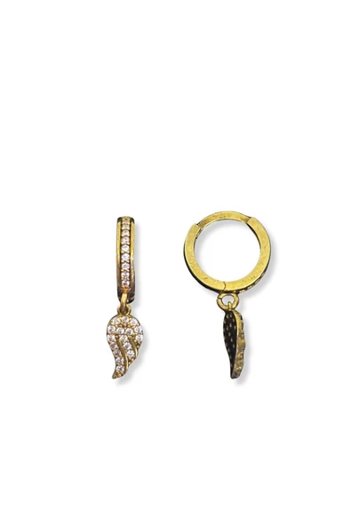Minimal Taşlı Sallantılı Melek Kanadı 24K Altın Kaplama Gümüş Halka Küpe 1.2x1.2 cm ürün görseli 1