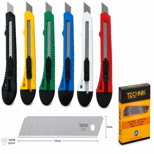 Technik 18 mm Kilitli Maket Bıçağı ve Yedek Bıçak Seti Karışık Renk 1 Adet Maket Bıçağı 10'lu Yedek Bıçak ürün görseli 1