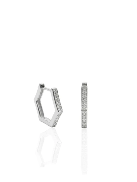 İnce Altıgen Form Zirkon Taşlı Gümüş Halka Küpe 1.4 x 1.4 cm [OYSY285] ürün görseli 1