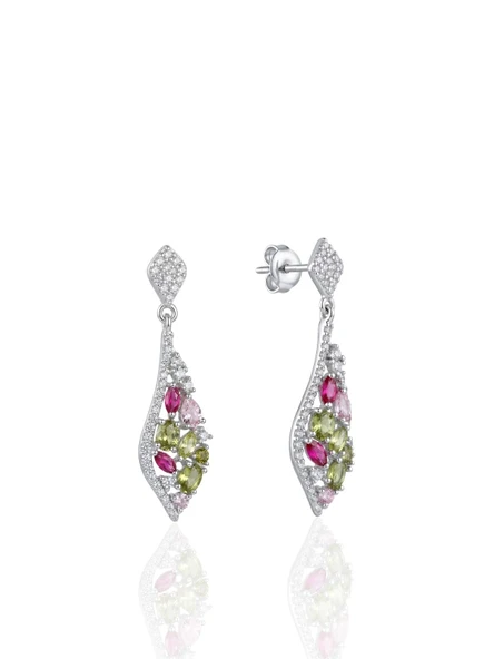 Vidalı Sallantılı Yaprak Form Renkli Zirkon Taşlı Gümüş Küpe 3.2 x 0.9 cm [OYSY281] ürün görseli 1