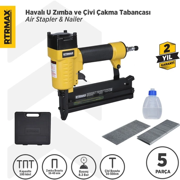 RTRMAX RTM0124 Havalı U Zımba ve Çivi Çakma Tabancası 10-50 / 16-40 Çantalı ürün görseli 1