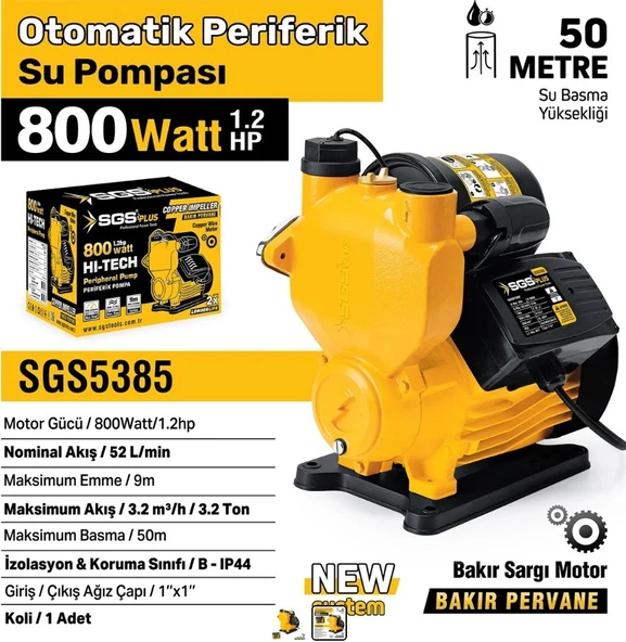 SGS OTOMATİK PERİFERİK SU POMPASI 800 WATT 1.2 HP SGS5385 ürün görseli 1