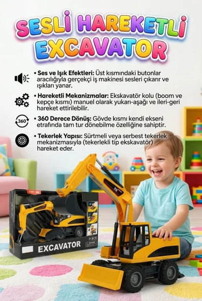 Işıklı Sesli Pilli Buton Fonksiyonlu Hareketli Kollu 360 Derece Dönebilen Gövdeli Oyuncak Ekskavatör ürün görseli 1