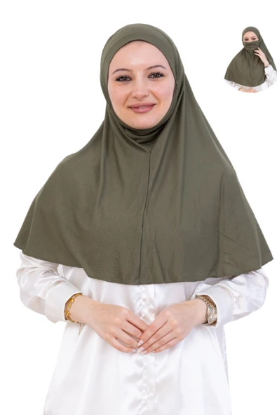 Hazır Başörtüsü Pratik İslami Giyim Penye Peçeli Türban Namaz İçin Yumuşak Eşarp  Haki ürün görseli 1