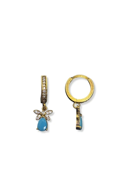 Minimal Taşlı Sallantılı Kelebek Akuamarin 24K Altın Kaplama Gümüş Halka Küpe 1.2x1.2 cm ürün görseli 1
