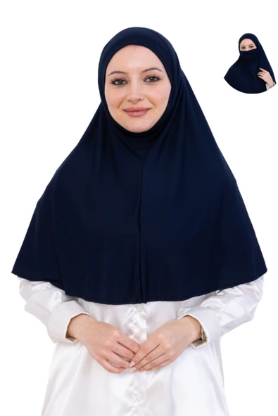 Hazır Başörtüsü Pratik İslami Giyim Penye Peçeli Türban Namaz İçin Yumuşak Eşarp  Lacivert ürün görseli 1