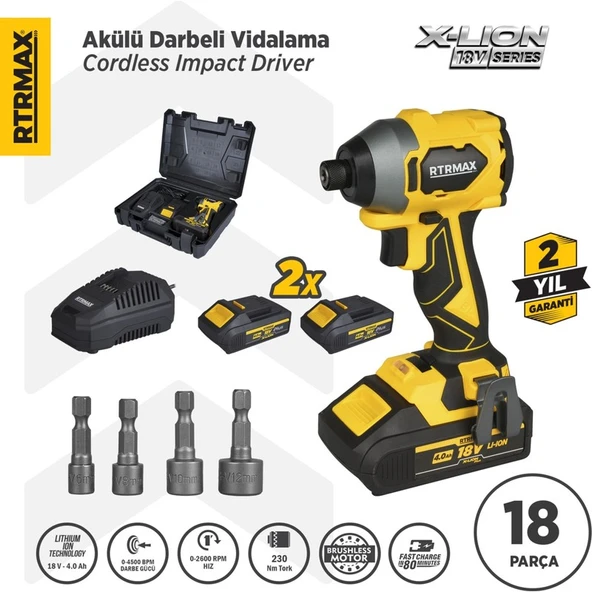 Rtrmax RTX3050 Şarjlı Torklu Vidalama Kömürsüz 230Nm 2x4 Ah Plus Çift Akü Hızlı Şarj X-Lion - Akü Dahil ürün görseli 1