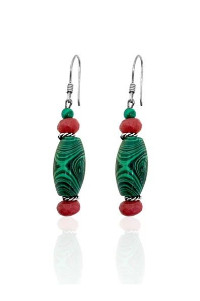 Doğal Malahit ve Mercan Taşlı Gümüş Kadın Küpe 5.8x1.3 cm ürün görseli 1