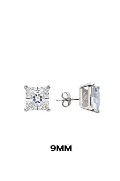 Kare Tırnaklı Zirkon Tektaş Rodyumlu Vidalı Unisex Gümüş Küpe 9MM [OYSY140] ürün görseli 1